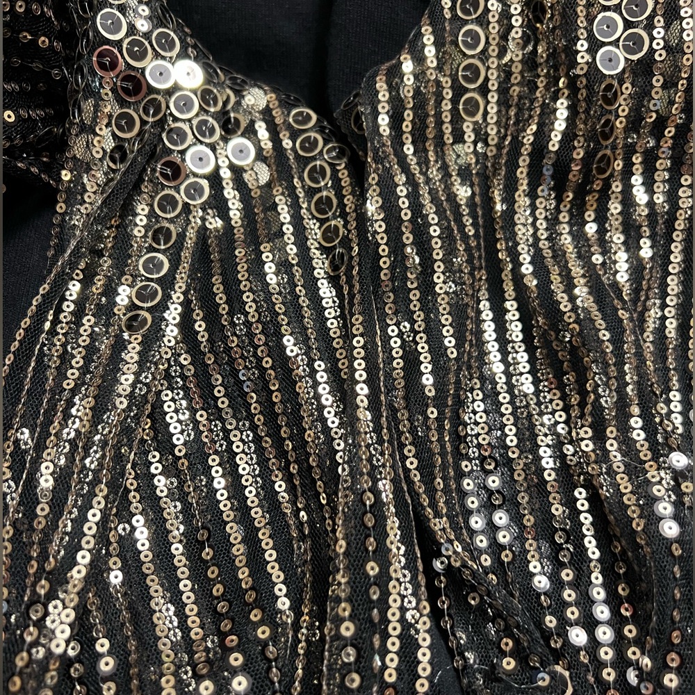 Tahari black sweater with  gold circular sequins on sheer sleeves small NWT - Picture 6 of 10